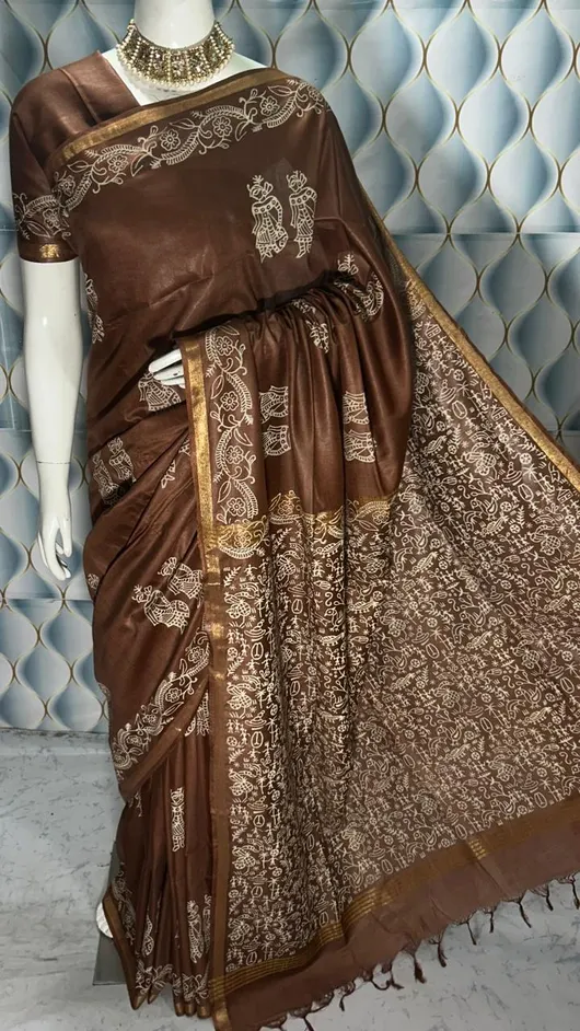 Hand Block Printed Pure Katan Silk Saree – Timeless Artistry in Every Thread